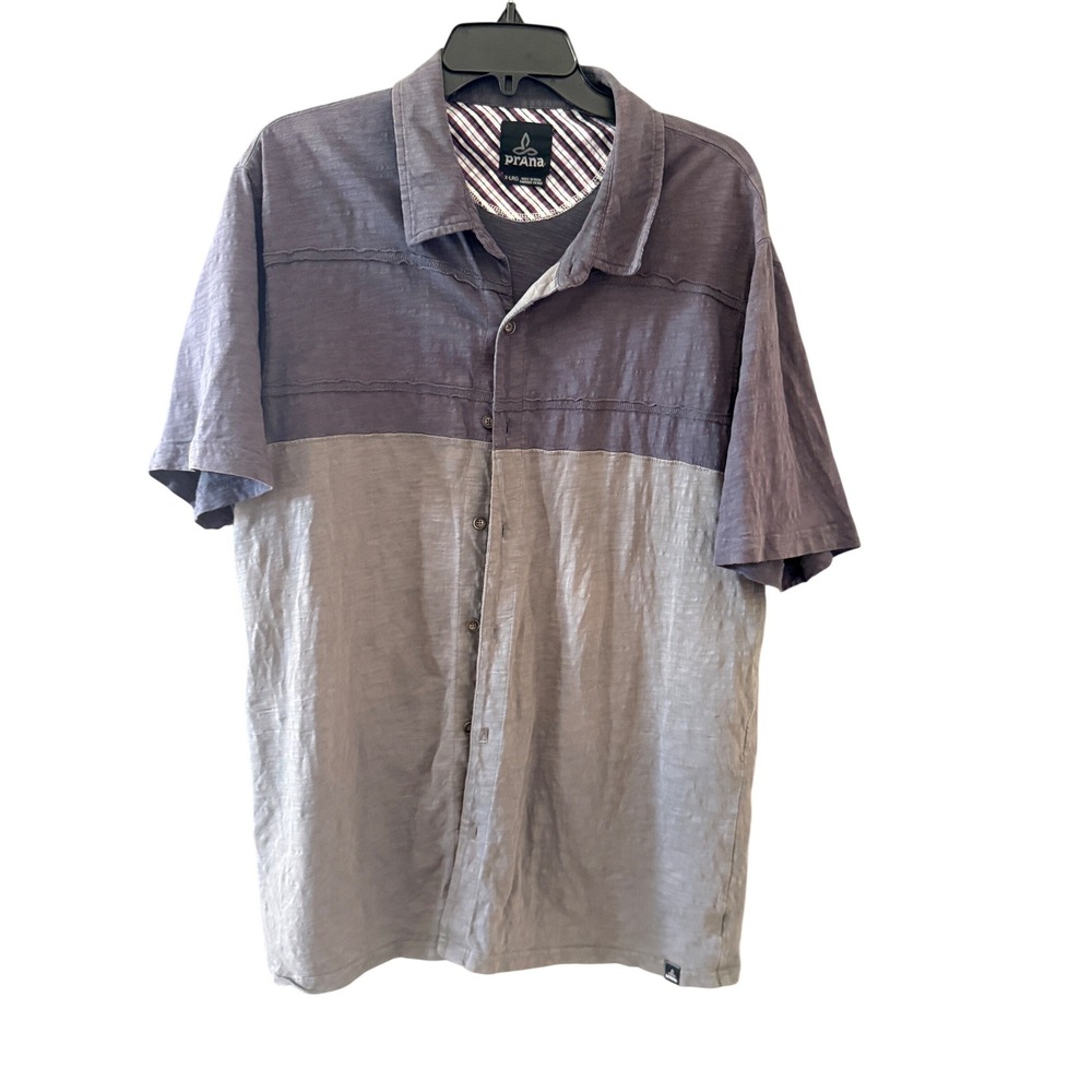 Prana Mens XL Short Sleeve‎ Button Down Shirt Grey Colorblock Slub Knit Outdoor